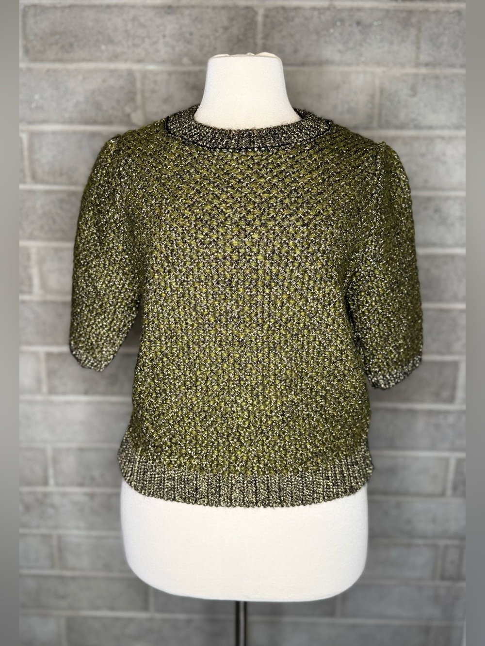 MNG Mango Metallic Gold Olive Green Chunky Knit Short Sleeve Sweater XS